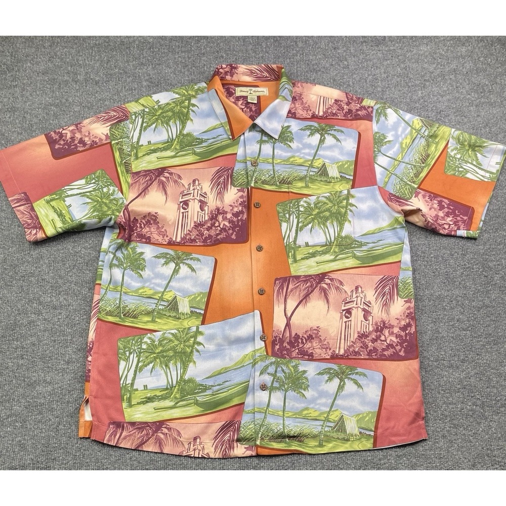 Tommy Bahama Button Down Mens Large Orange Silk Tropical Postcard Hawaiian Shirt